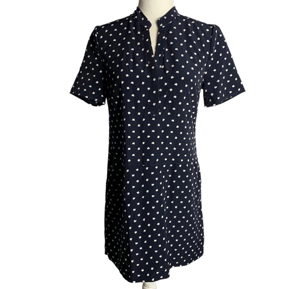 Cupcakes & Cashmere Shift Dress S Blue Squares Pockets Short Sleeve V Neck